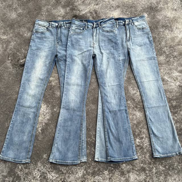 款号325 Dc复古蓝竹节棉褪色闪电纹洗水做旧微喇微喇牛仔裤 颜色 水洗蓝 尺码 S-Xl