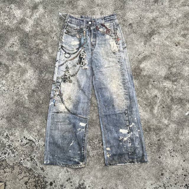 款号248 Ac风格平替1981F喷墨涂鸦做旧宽松阔腿休闲牛仔裤3D打印系列的神裤 方便平台定制的磨毛无弹薄款面料 . 尺码 M-Xxl