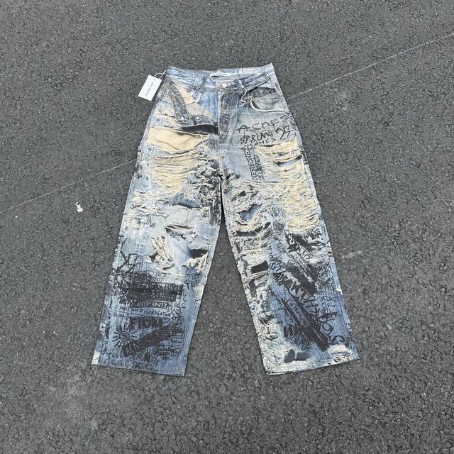 8188 acne Studios 1981复古错视糜烂搜刮涂鸦3D打印做旧阔腿牛仔裤 ac家3D打印系列的神裤 方便平台定制的磨毛无弹面料 难点是前前后后修正