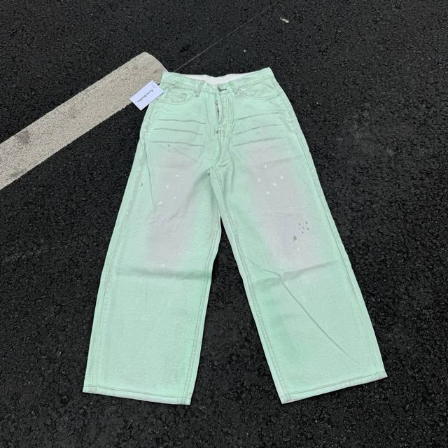 8182 acne Studios 1981复古薄荷绿荧光涂层泥染手绘做旧阔腿牛仔裤 ac家3D打印系列的神裤 方便平台定制的磨毛无弹面料 难点是前前后后修正了