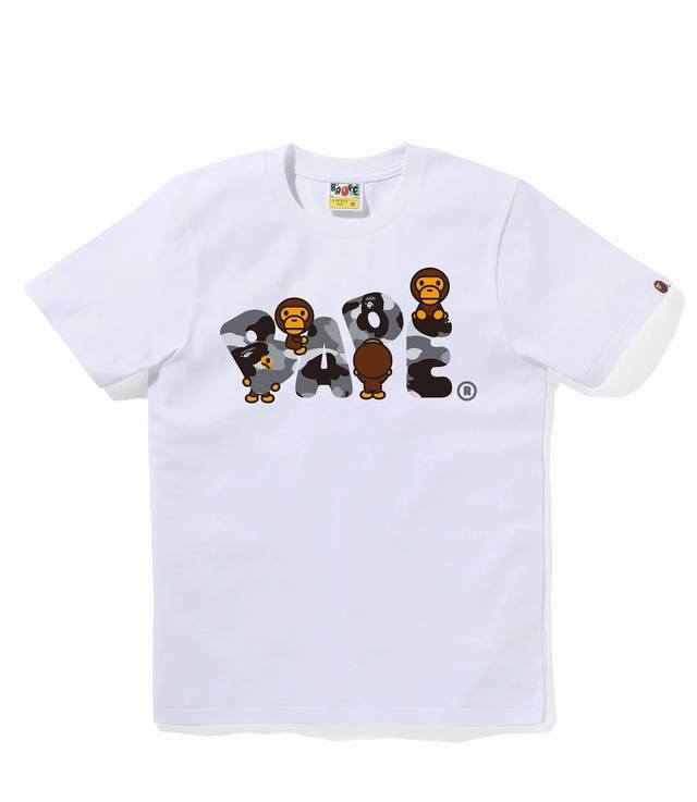 001151款Bape Ss25 迷彩猿人卡通小猴图案印花圆领休闲舒适短袖T恤 男女同款 码数Smlxlxxl 白灰 白绿 白黄 黑灰 黑绿 黑黄