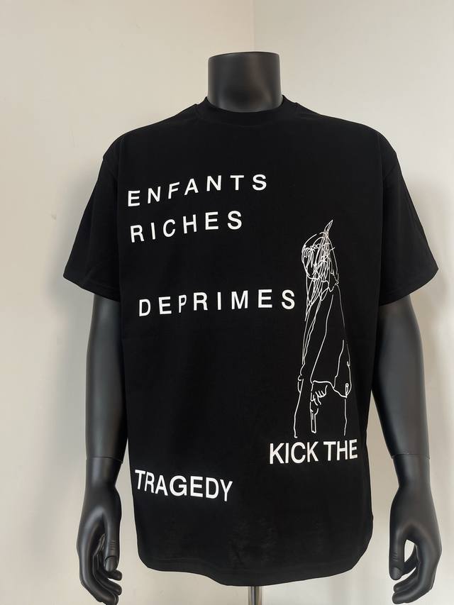 款号510 今年穿富二代一定会暴富Er denfants Riches Deprimes 忧郁的富二代字母标语素描小孩人像印花短袖 面料采用定织250G32支双