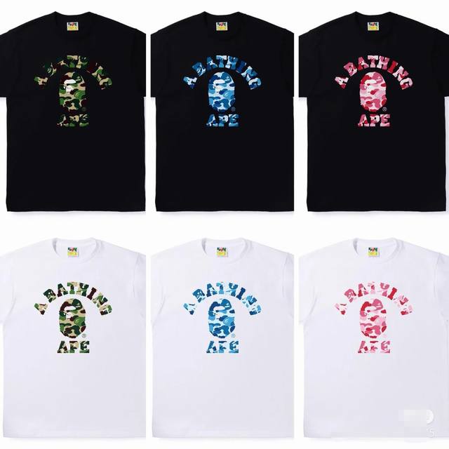 001131款A Bathing Ape Fw24 迷彩猿人字母印花图案短袖T恤 男女同款 码数Smlxlxxl 黑粉 白粉 黑绿 白绿 黑蓝 白蓝