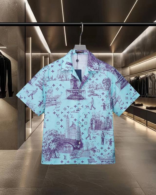 Lv 路易威登爆款来袭 城市景碎片图案短袖衬衫 2025Ss官网新款短袖 衬衫 衬衣 精美数码印花Logo 高端版本 专柜定制面料 透气舒适度高 精工制作 细节