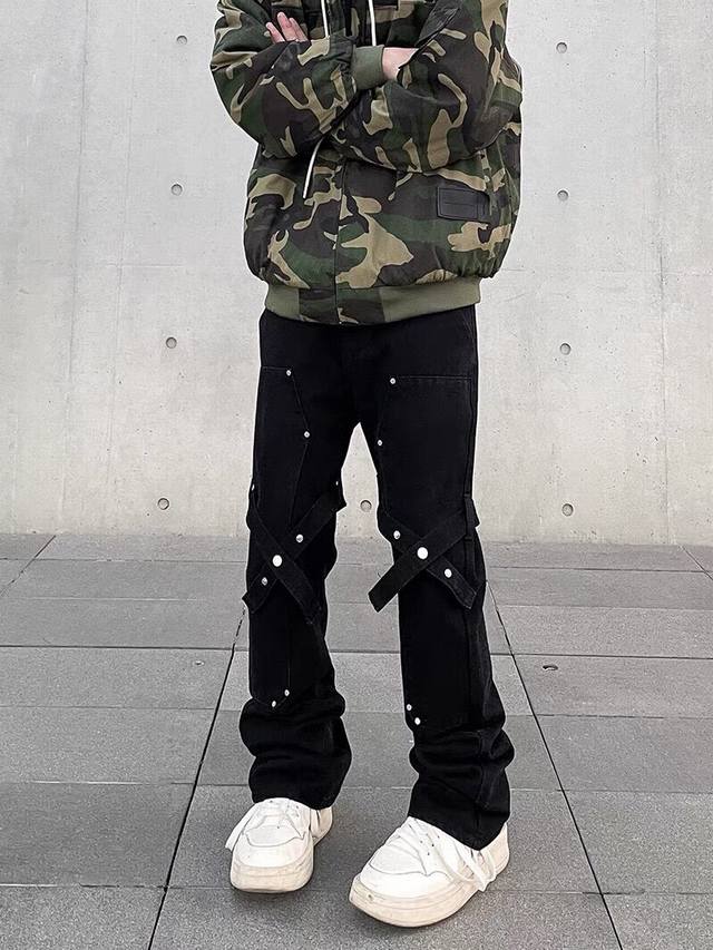 款号Xk2240 fog美式Vibe设计感裤子Ins高街潮牌黑色绑带牛仔裤男直筒Hiphop长裤 高品质高品质四季皆宜的百搭单品 街头潮流复古风十足 含棉量极高