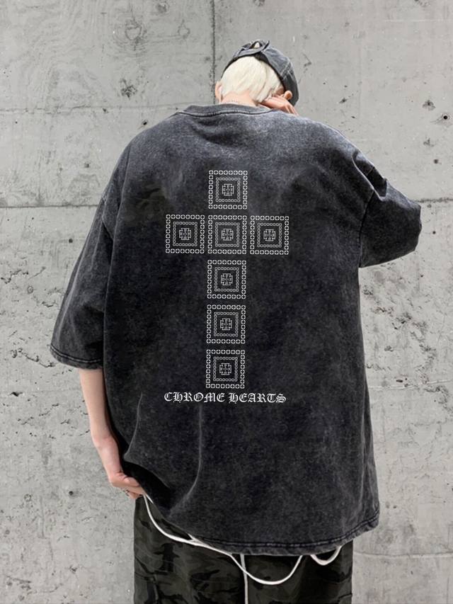 新款短袖 6658 chrome Hearts 克罗心25Ss夏季新款高街风十字架印花情侣短袖重工水洗炒花做旧短袖T恤 面料 定织定染280克精棉双纱面料 工艺