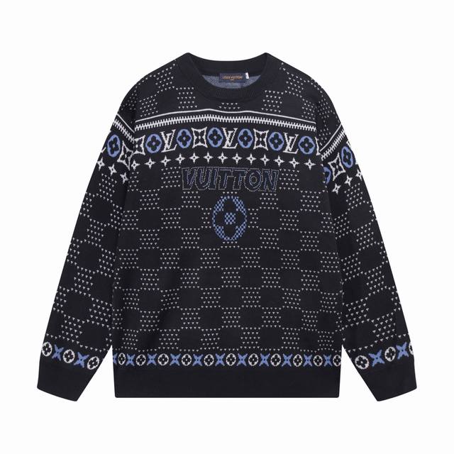 lv 驴家经典棋盘字母Logo提花圆领毛衣 颜色 黑色 码数 S M L Xl Xxl