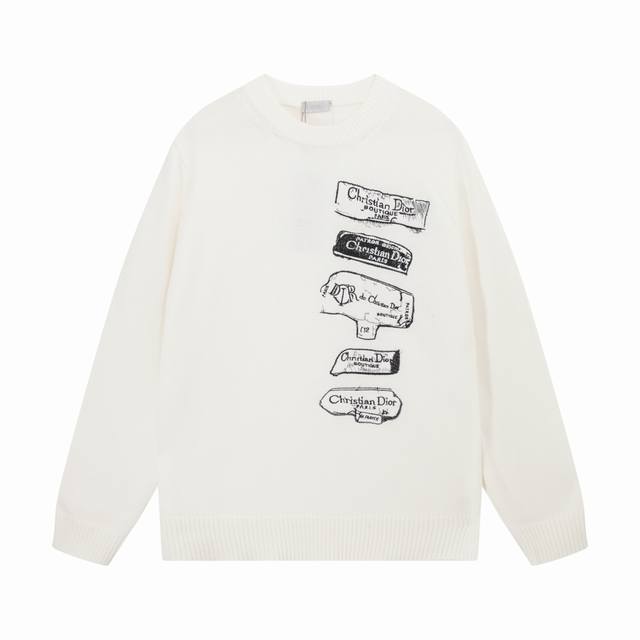 dior 迪奥创意Logo指示牌刺绣圆领羊毛衫毛衣 颜色 白色 黑色 码数 S M L Xl Xxl