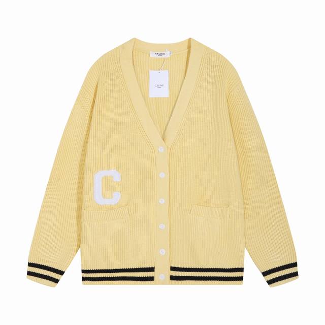 celine赛琳贴布Logo提花羊毛针织开衫毛衣 颜色 枣红色 黄色 码数 S M L Xl Xxl