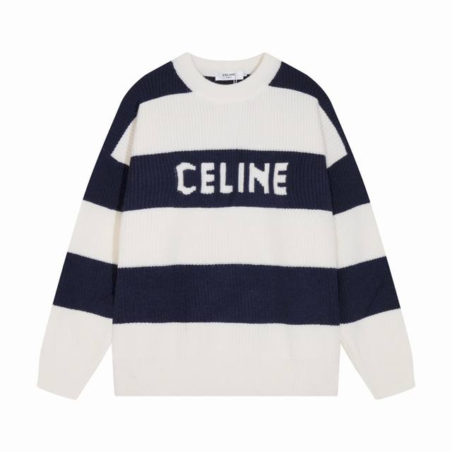 celine赛琳蓝杏条纹Logo字母提花圆领毛衣 颜色 杏色 码数 S M L Xl Xxl