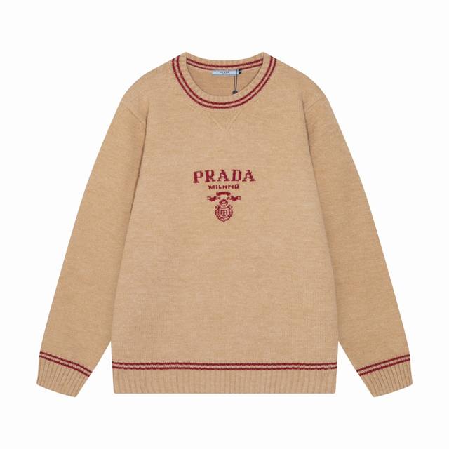 prada普拉达 经典三角Logo字母圆领羊毛针织毛衣 颜色 红棕 黑棕 黑色 码数 S M L Xl Xxl