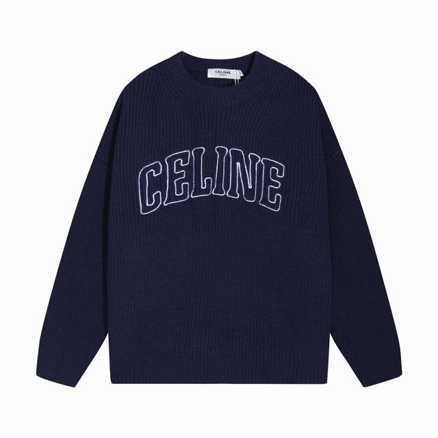 celine塞琳胸前刺绣字母圆领羊毛毛衣 颜色 蓝色 码数 S M L Xl Xxl