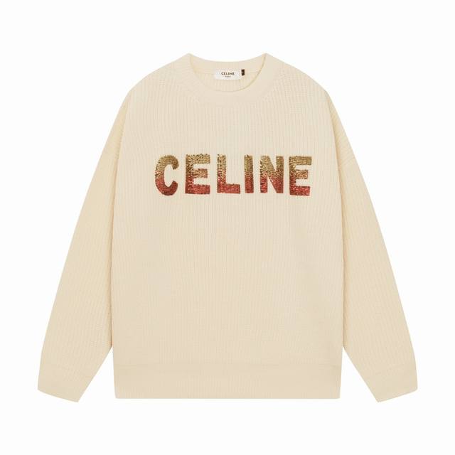 celine塞琳经典贴片字母圆领羊毛毛衣 颜色 杏色 码数 S M L Xl Xxl