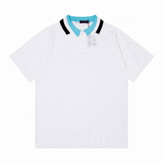 lv 驴家老花Logo暗纹镂空提花polo开衫针织T恤 颜色 白色 码数 M L Xl Xxl