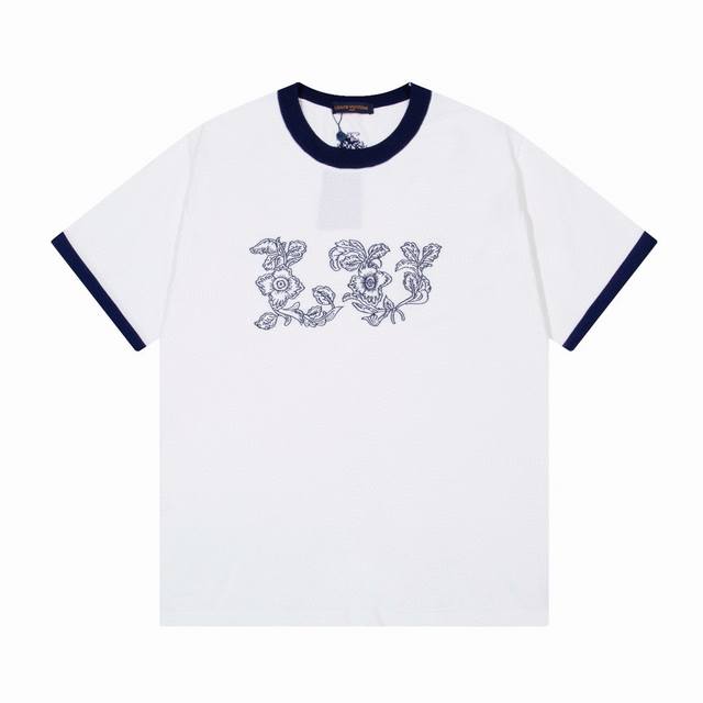 lv 驴家栩栩如生Logo花卉刺绣针织圆领T恤 颜色 白色 蓝色 码数 M L Xl Xxl