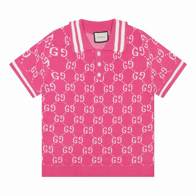 古驰Gucci 新款满印双G Logo针织羊毛短袖polo衫 颜色 粉色 灰色 码数 M L Xl Xxl