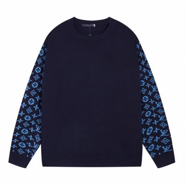 路易Lv经典手臂老花图案纯色圆领羊毛衣 颜色 蓝 黑 码数 S M L Xl Xxl