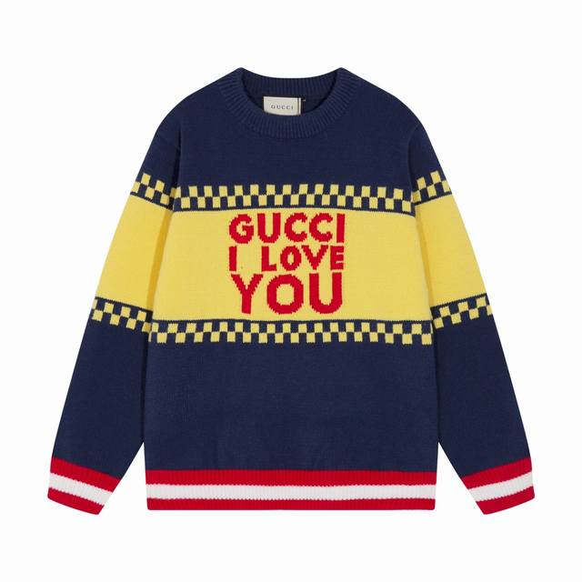 古驰Gucci 古家黄色格Iloveyou提花圆领毛衣 颜色 蓝拼黄 码数 S M L Xl Xxl