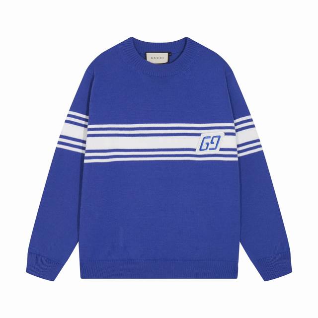 gucci古驰贴布刺绣双Glogo提花条纹圆领毛衣 颜色 蓝色 码数 S M L Xl Xxl