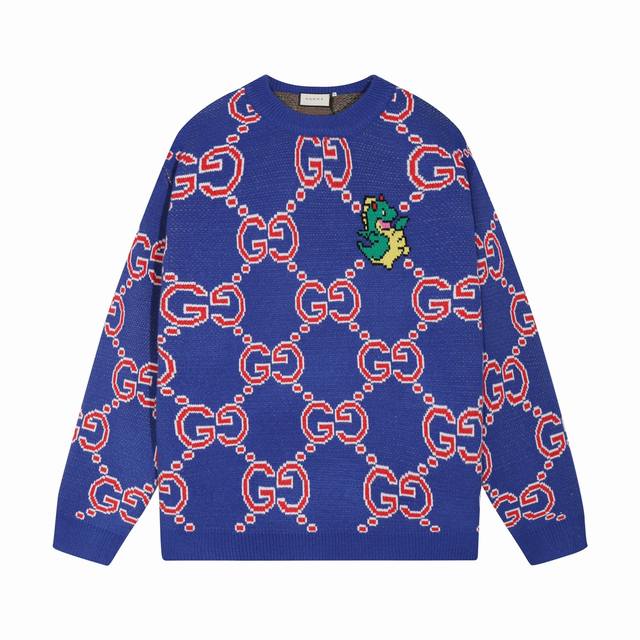 古驰Gucci龙年限定满身印花提花圆领毛衣 颜色 蓝色 码数 S M L Xl Xxl