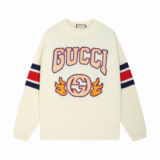 古驰Gucci毛巾绣条纹拼接圆领提花毛衣 颜色 白色 码数 S M L Xl Xxl