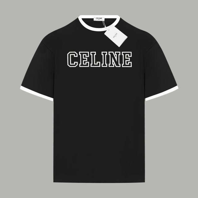 Celine 赛琳 官网同款 经典字母Logo拼接袖 印花双纱纯棉短袖 - 280G双纱纯棉顶级面料 手感柔软 百分百纯棉独家出货 定染硫化黑无尘处理面料 -面
