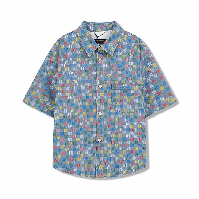 LV 正确版 定制订染布 彩色棋盘格拼色翻领牛仔衬衫 yb购入打版 面料对位对花计 根据尺码大小进行延伸设计空间1每个裁片对版定制取花位 面料板块的切割效果的设