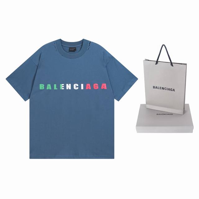 细节图 顶级版本.官网品质 Balenci*Ga 巴黎.25Ss最新款.巴黎英文彩色Logo发泡印花水洗磨烂做旧短袖T恤.砖柜同步.面料采用巴黎Zp定织定染全棉