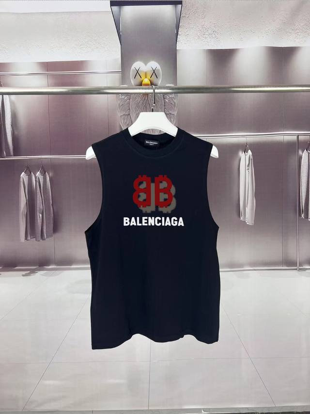 balg*巴黎世家 2025夏季巴黎双B字母Logo印花 坎肩汗背心 运动健身 简约风 走秀款 圆领无袖T恤衫 宽松版型 男女同款 上身效果很赞 透气 颜色 黑