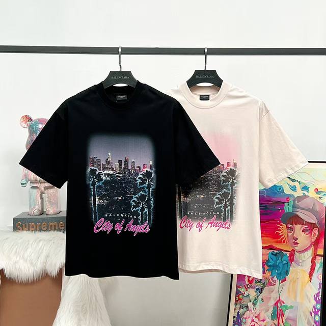 顶级版本 大货挂拍图 #巴黎25Ss天使之城洛杉矶夜景直喷印花短袖# balenci*Ga巴黎# 面料采用260G巴黎专用双纱*高克重1比1双纱罗纹 前幅采用进