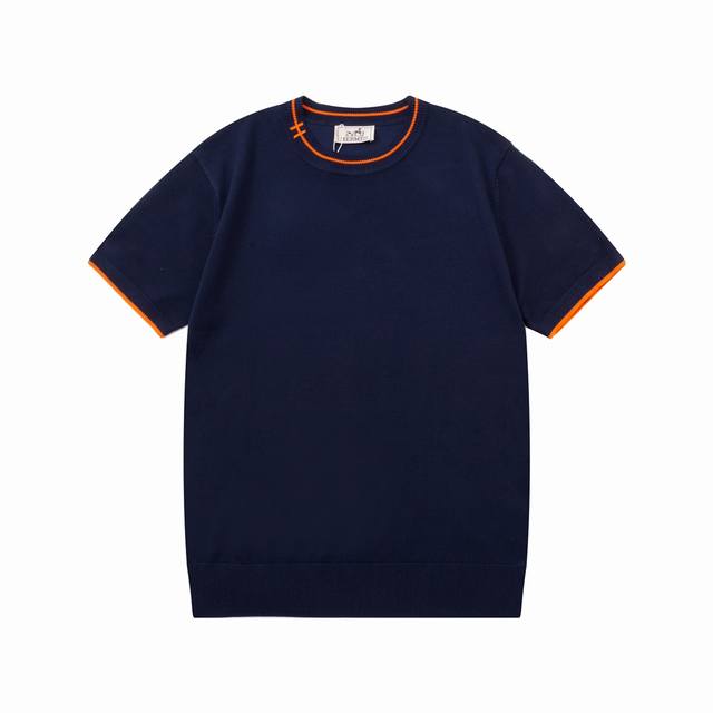 Hermes 爱马仕 拼色领 针织衫圆领 升级 灵感源自八十年代复古 原版面料 官方同款 圆领针织衫T恤 定制 网纱毛衣针织面料 手感非常舒服 春夏最新砖柜同步