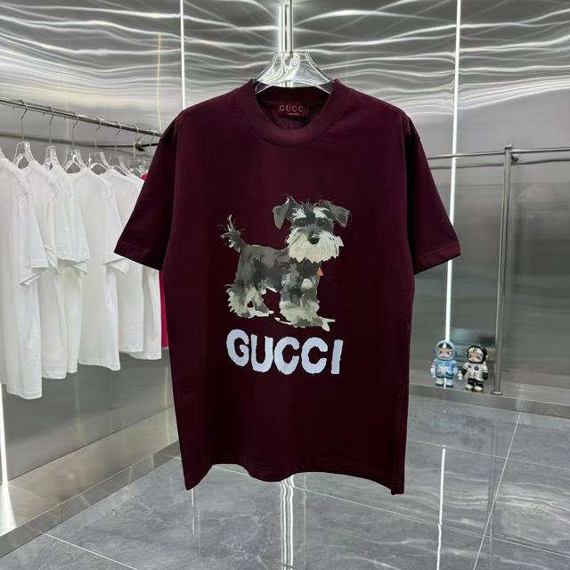 Gucci 2025春夏新款 260克短袖T恤 个性印花 男女同款宽松版 S M L Xl Xxl 五个码 黑色 酒红色 杏色