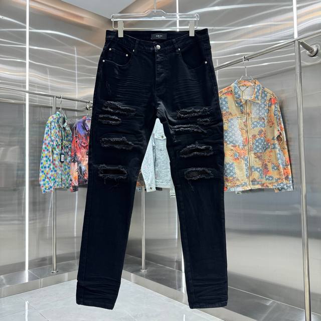 Amiri 破洞工艺街头潮流修身小脚弹力牛仔裤 颜色 黑色 码数 30 32 34 36 38