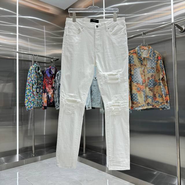Amiri 破洞工艺街头潮流修身小脚弹力牛仔裤 颜色 白色 码数 30 32 34 36 38