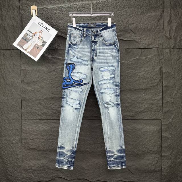 amiri 2025新款限定刺绣眼镜蛇情侣款水洗弹力牛仔裤 高版本高版本 顶级天花板品质 不同水洗质感的款式 对腿细腿粗人士十分友好 直筒修身的版型十分修饰腿型