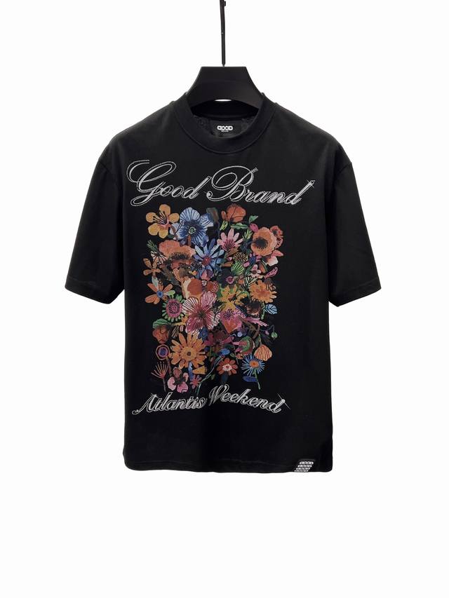 款D67 Good goodbrand 花卉烫钻字母Logo印花圆领套头短袖T恤 男女同款 颜色 米白色 黑色 码数 S M L Xl