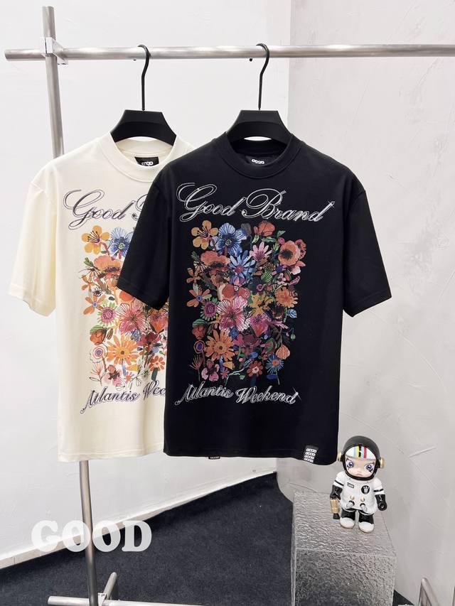 款D67 Good goodbrand 花卉烫钻字母Logo印花圆领套头短袖T恤 男女同款 颜色 米白色 黑色 码数 S M L Xl