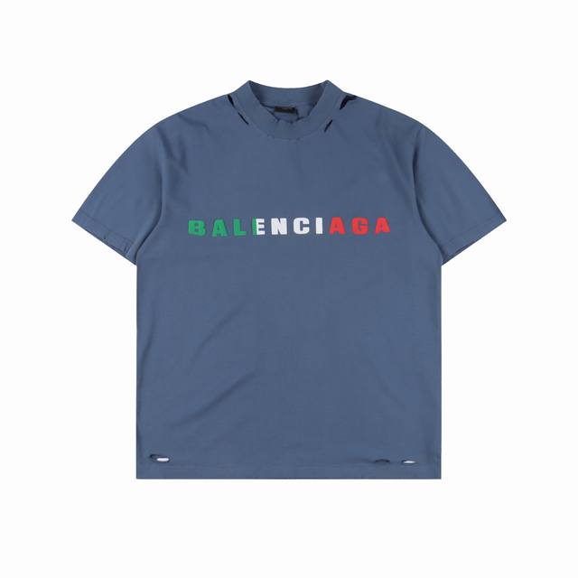 balenciaga 巴黎世家 英文彩色Logo发泡印花水洗磨烂做旧短袖T恤 面料采用巴黎Zp定织定染全棉双纱紧密棉.克重 克 布面干净.布纹清晰 柔软舒适 螺