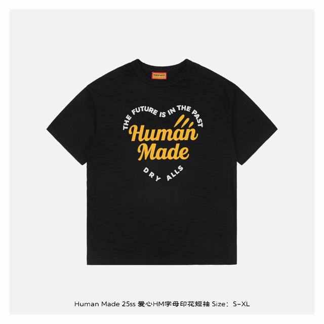 human Made 25Ss 爱心Hm字母印花短袖 按照原版定制16*21支230G双纱竹节棉 水洗+硅油处理 面料柔软亲肤 黑色印花采用进口胶浆印花 黑色因