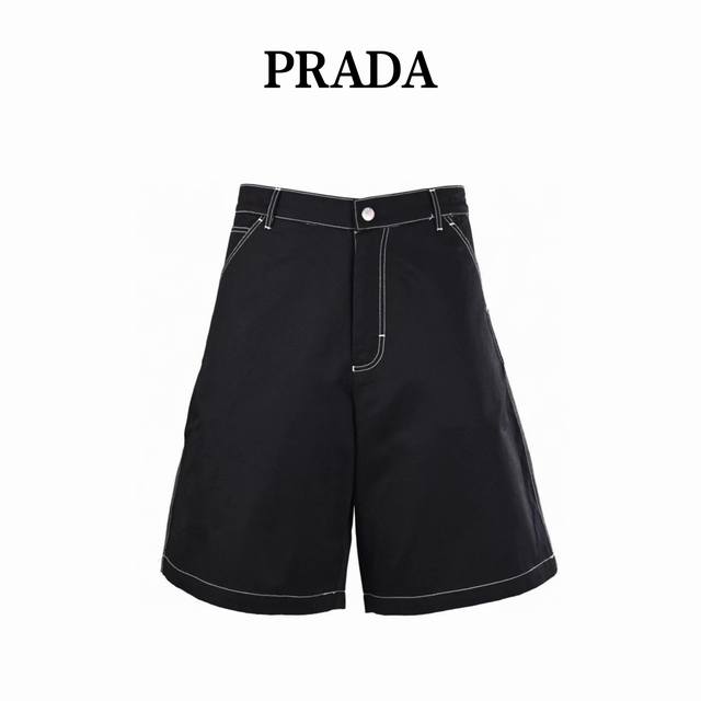 prada普拉达prd 三角标明线工装短裤 定织10*10高密斜纹活性黑全棉食毛面料 三角标采用红外线定位 小型模板机 画圆机 定位车缝 定制1:1 prada