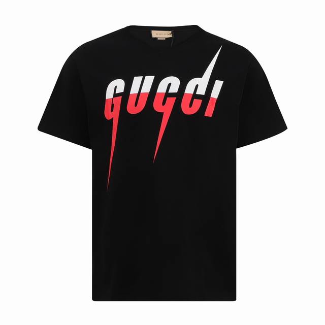 gucci古驰闪电Logo短袖T恤 定织克重180针织棉 21支有机麻棉混纺面料 原身布切捆条做罗纹 原版定染颜色 前幅丝网台板手工印花 3D全彩扫描图案做菲林