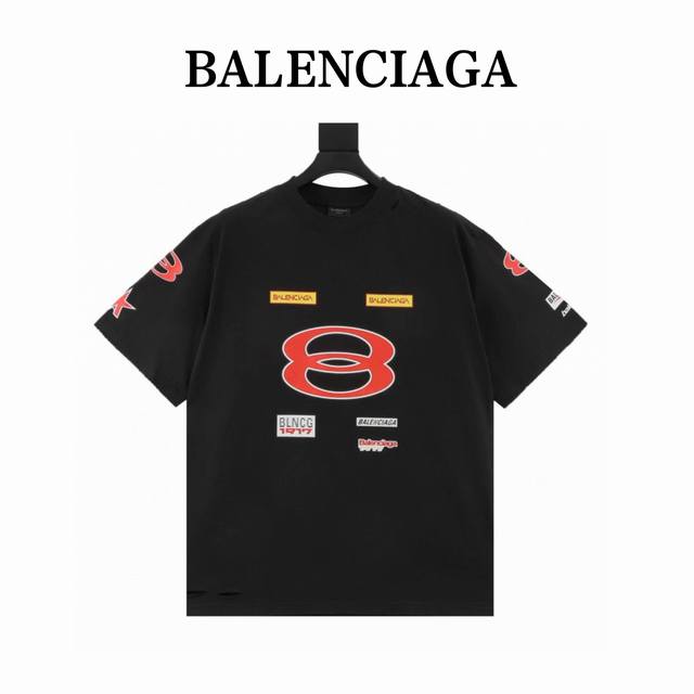 balenciga 巴黎世家 标志Logo图案圆领短袖T恤 采用纯棉柔软面料 对色定染面料 采用全部裁片印花磨破工艺 潮流感十足 定染纯棉面料 Os版型 三标齐