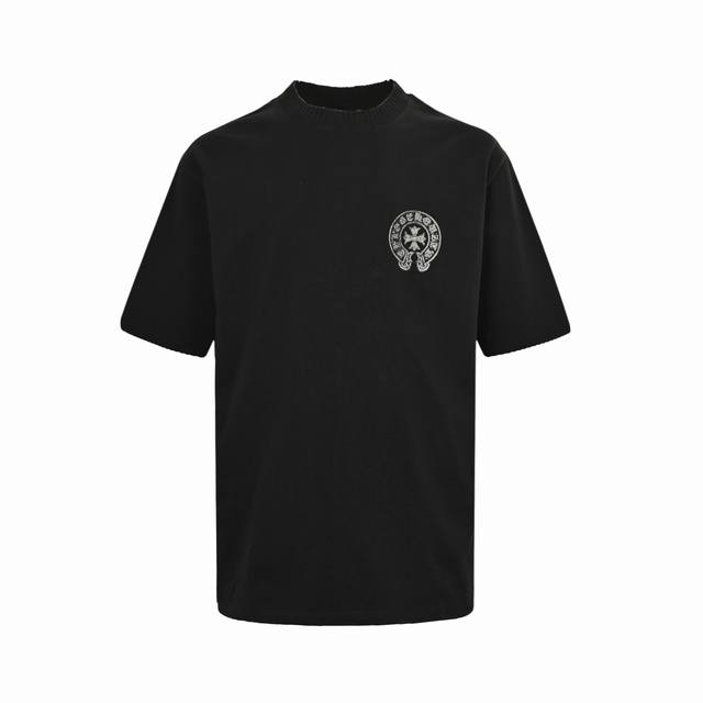 chrome Hearts 克罗心 烫银马蹄做旧针织领拼接短袖 采用直喷进口机器印花 五金辅料均开磨定制 正确配置 黑色2025克罗心正品包装 克定制定染双纱棉