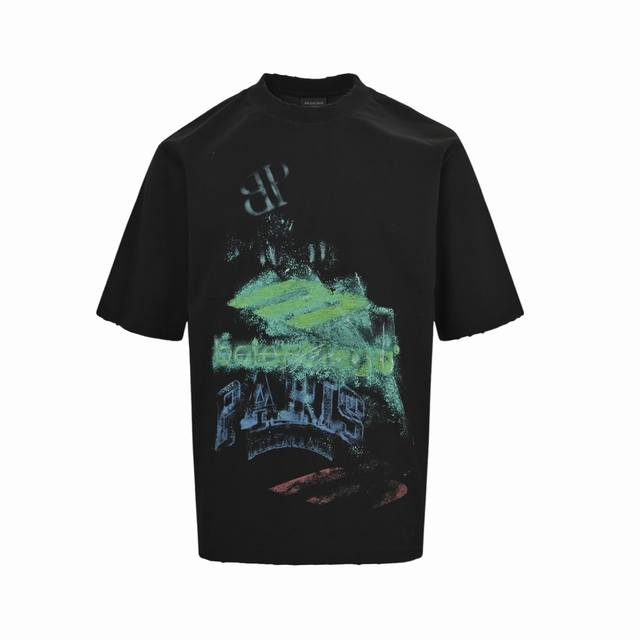 balenciaga 巴黎世家 25Ss 双B模糊涂鸦短袖 下摆无割裂破坏版本 面料定织定染280G双纱面料 定染螺纹无色差 进口康利数码直喷印花 无手感 字母