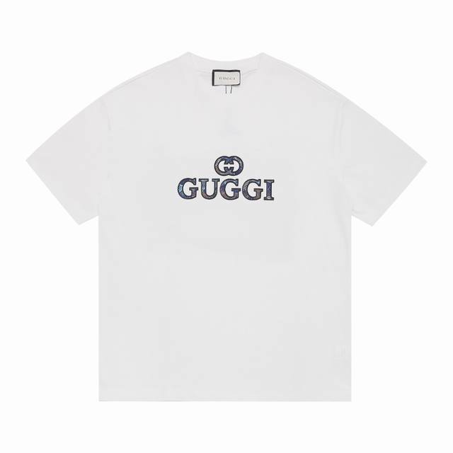 上新 高版本 gucci古驰字母硅胶批彩色绣花布工艺情侣休闲短袖T恤 最高版本 定制面料 克100%双纱全棉 字母硅胶批彩色绣花布工艺设计 辅料 开模原版过鉴定