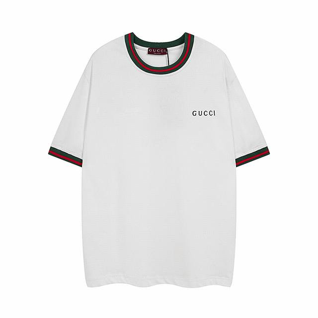 Gucci 红绿领圆领短袖 25新款爆款织带螺纹领 袖口红绿条织带 纯棉质针织平纹面料 采用26S精棉平纹面料 260G 采用精梳工艺处理的棉纤维制成的平纹织物