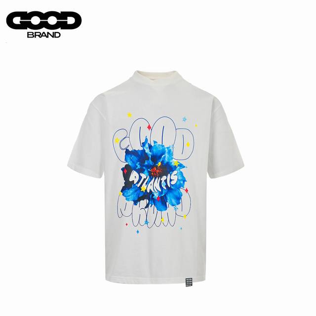 goodbrand 25Ss 蓝海花朵印花短袖T恤 采用订色订染毛圈纯棉衣面 250G双股双纱 手感舒适 进口针织针梳棉进行制作 搭配320G1*1螺纹 同缸无