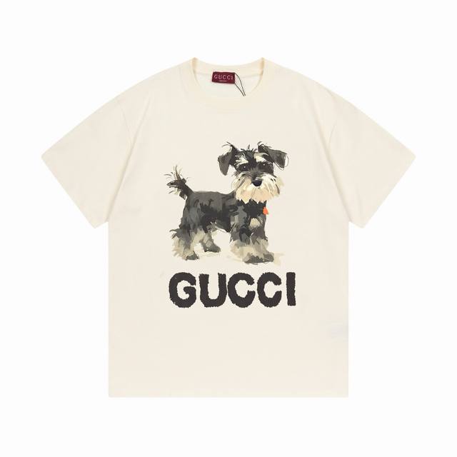 gucci古驰雪纳瑞可爱小狗数码直喷无感印花 280克双纱短袖 杏色 Xs-L