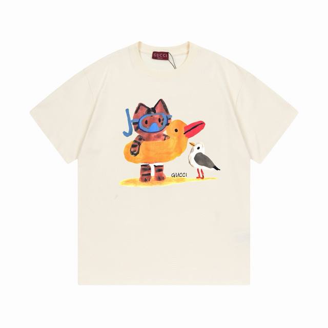 gucci古驰数码直喷工艺趣味卡通 280克双纱短袖 杏色 Xs-L