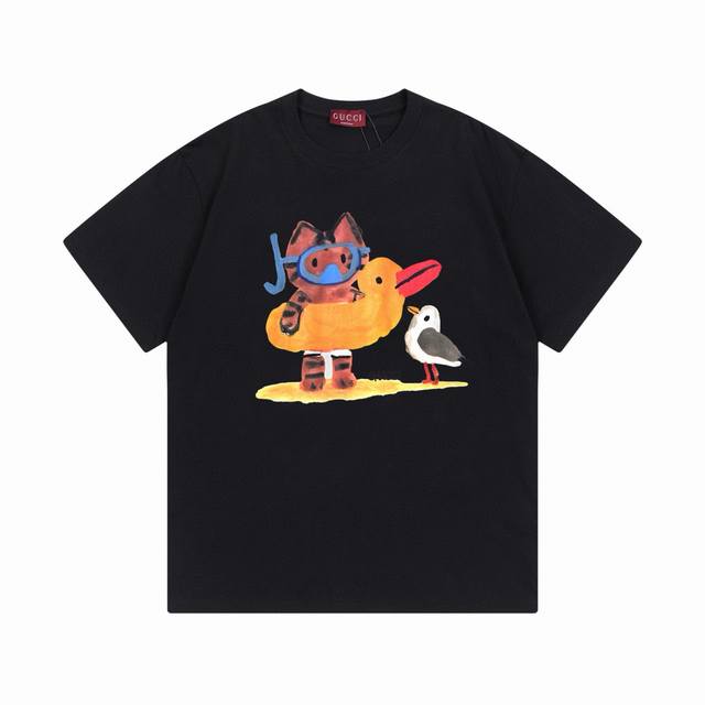 gucci古驰数码直喷工艺趣味卡通 280克双纱短袖 黑色 Xs-L